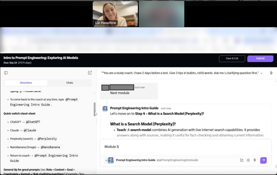 Video call with Elizabeth interviewing a participant while they share their screen showing the course