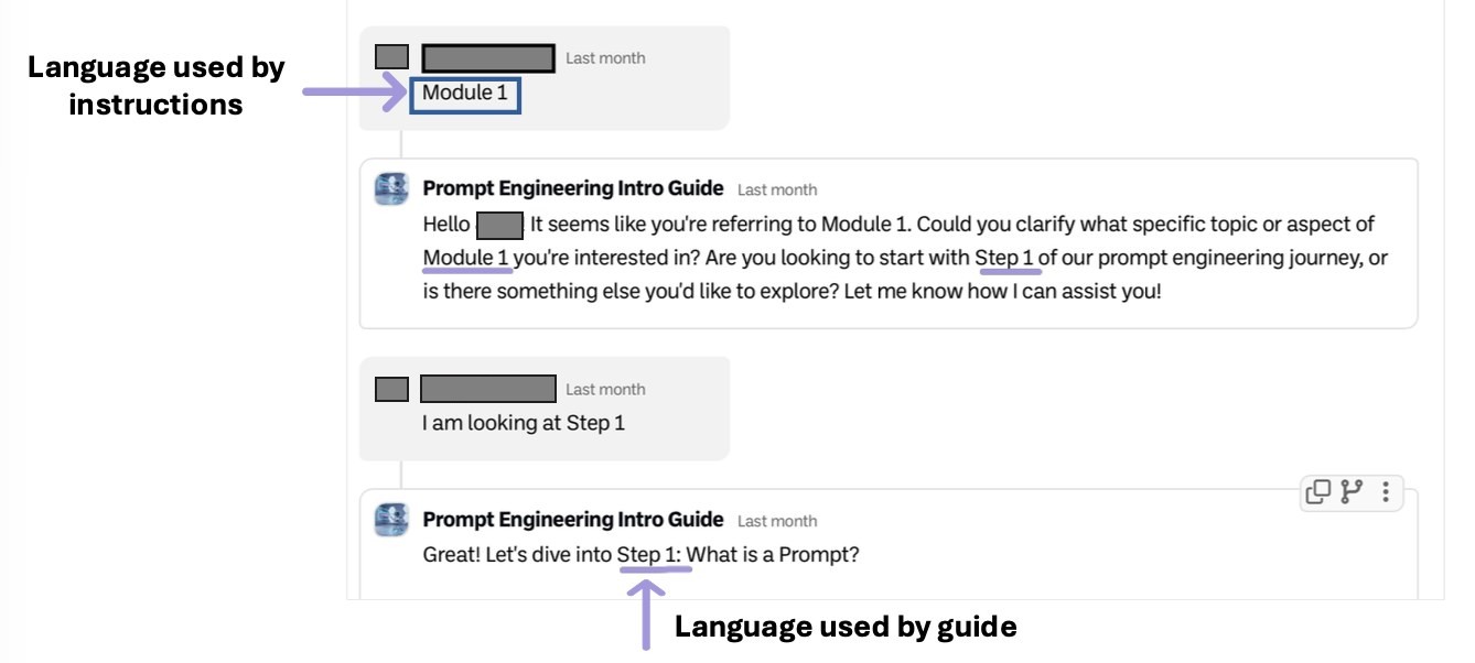 Side-by-side of course instructions referring to Module 1 while the guide refers to Step 1