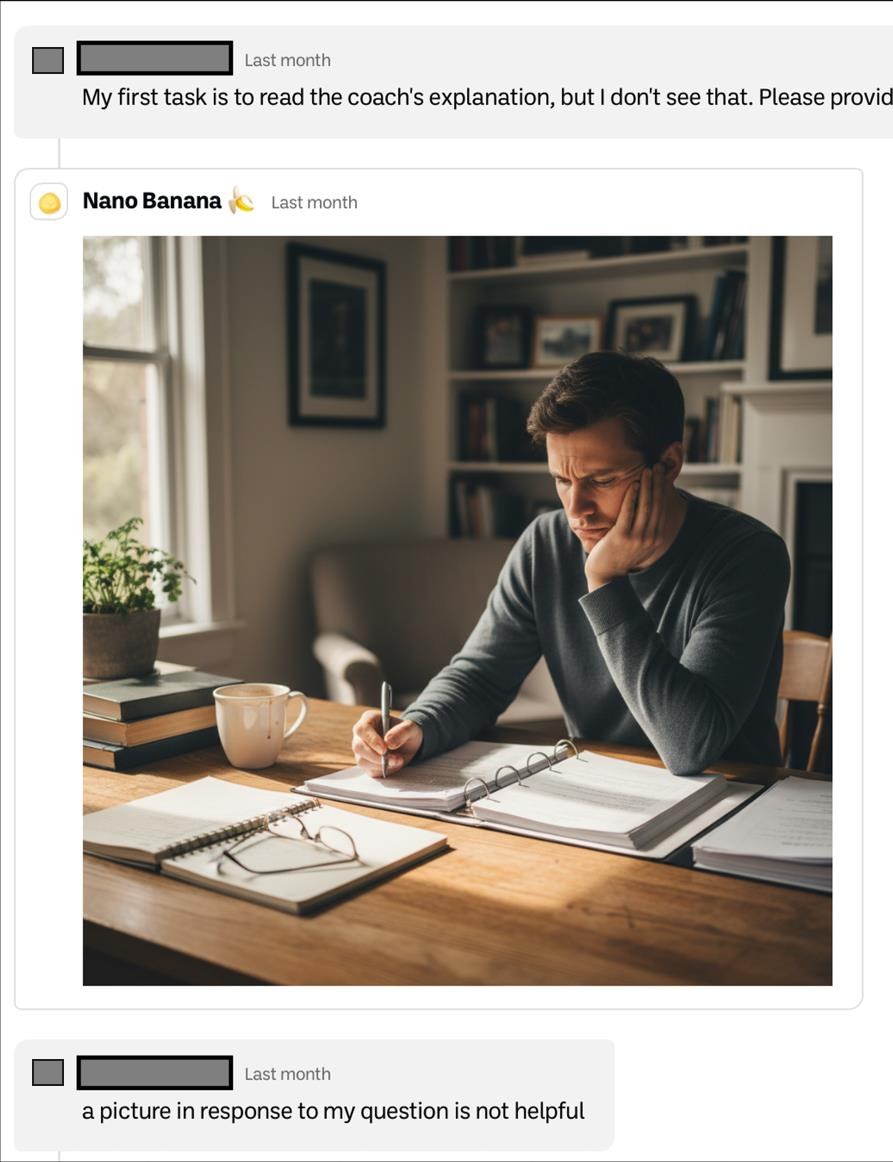 A participant asks a course question and the default image generator replies with a picture; the participant responds that a picture is not helpful