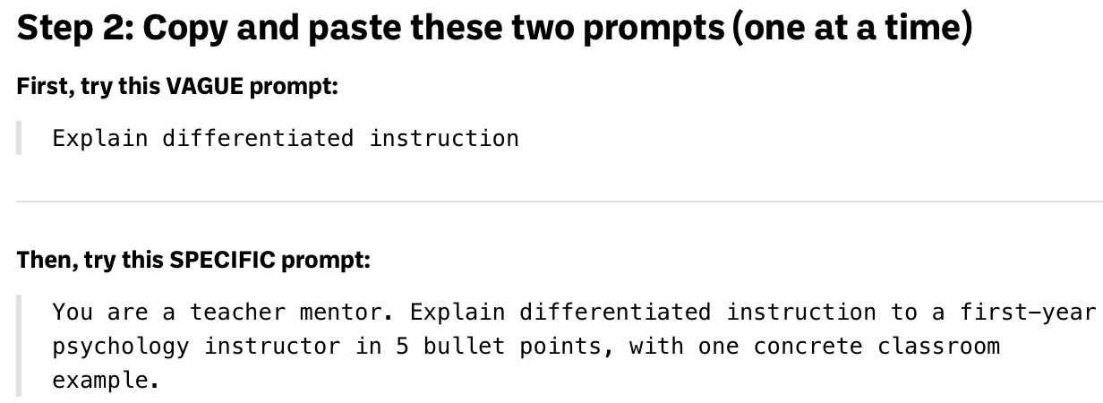 Revised activity asking participants to try a vague and a specific prompt about differentiated instruction for a psychology instructor