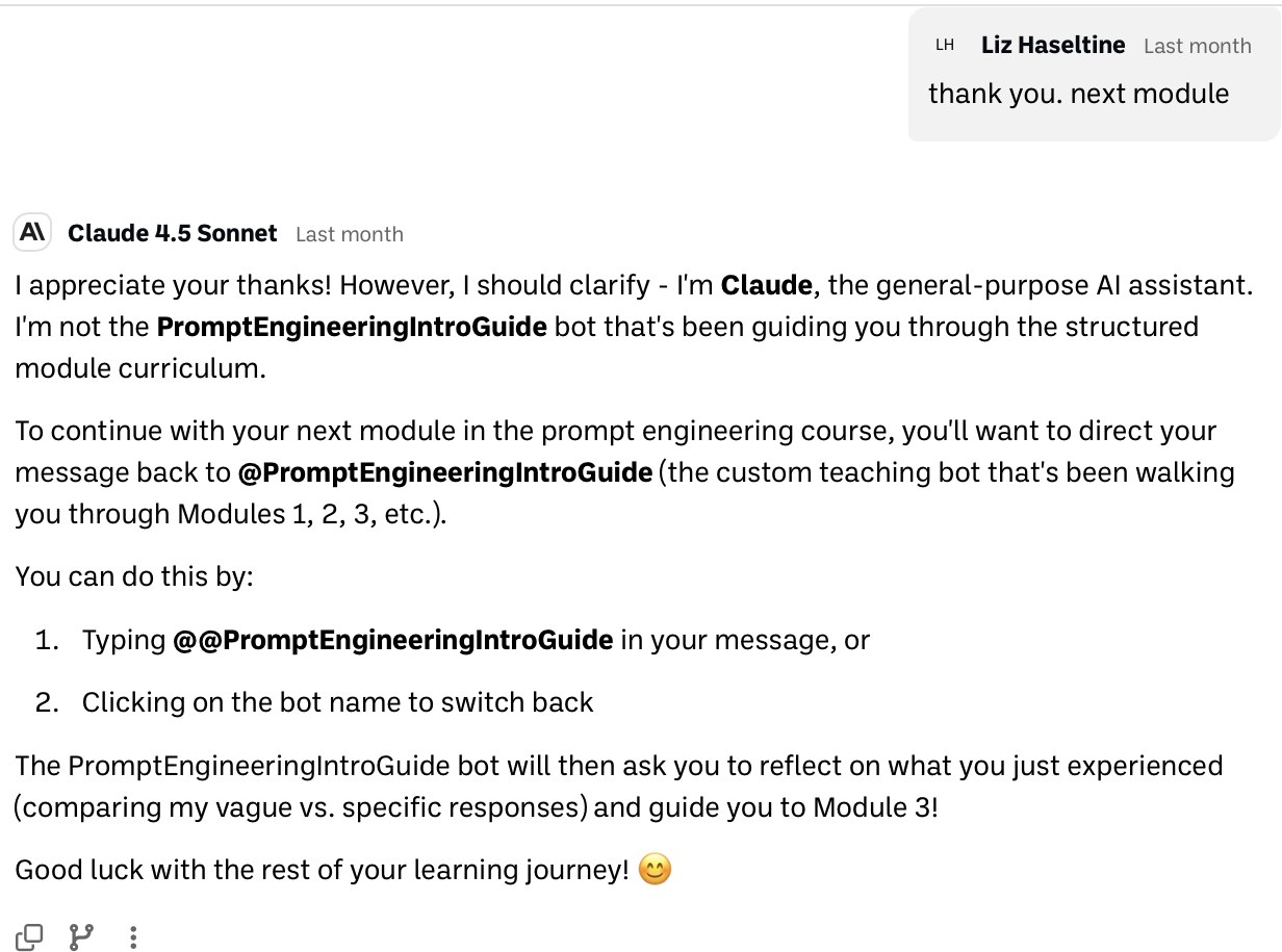 Claude explains it is not the course guide and tells the user how to switch back to the Prompt Engineering Intro Guide