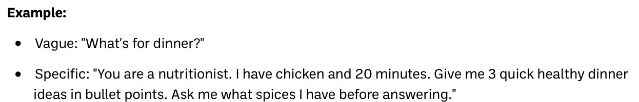 Original example contrasting a vague prompt, What's for dinner, with a specific nutritionist prompt