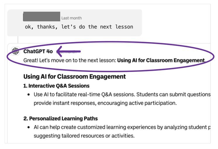 A general-purpose chatbot improvises a lesson when a participant asks for the next lesson