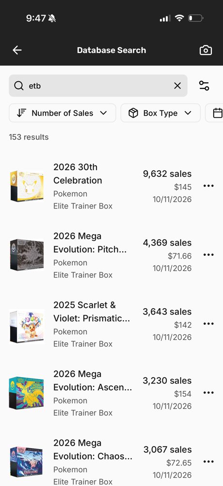 Database search for etb returning Pokemon elite trainer boxes