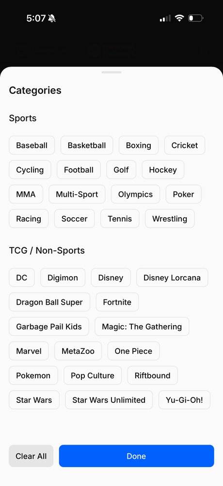 Categories filter split into Sports and TCG / Non-Sports sections